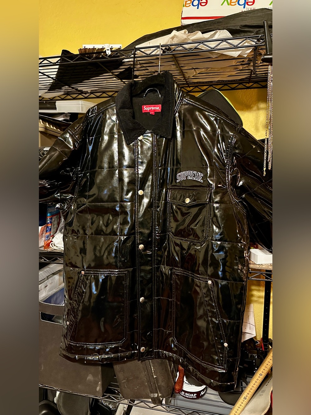 Supreme Black High-Shine Quilted Puffer Jacket